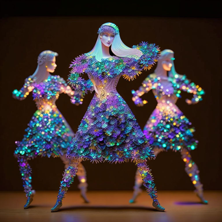 Vibrant ornate paper art figures with iridescent lights