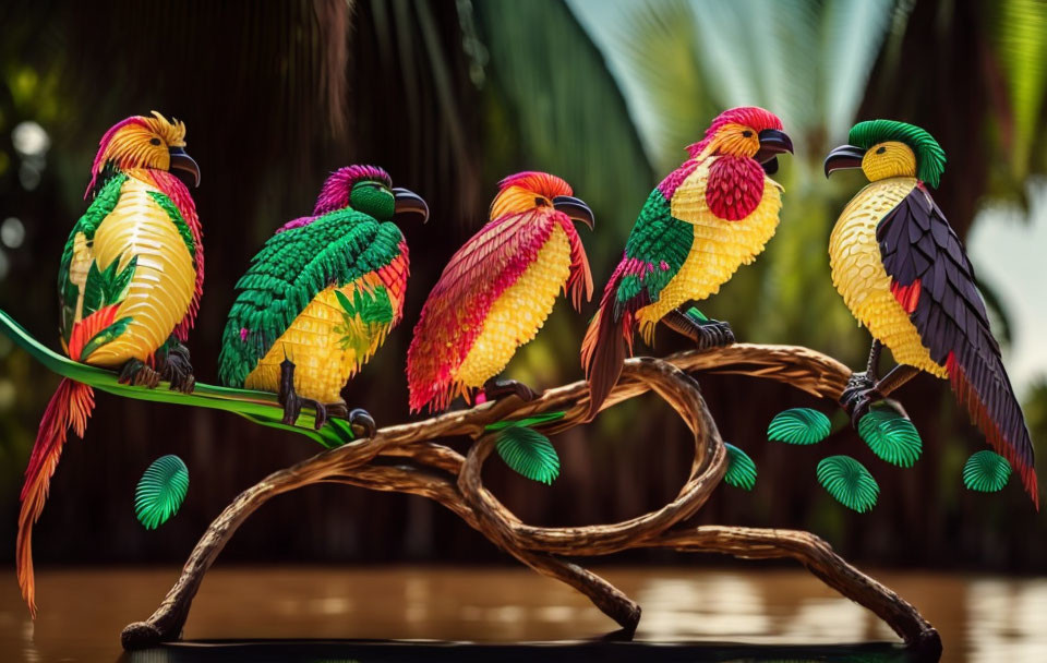 Vibrant Lego birds on branch against tropical background