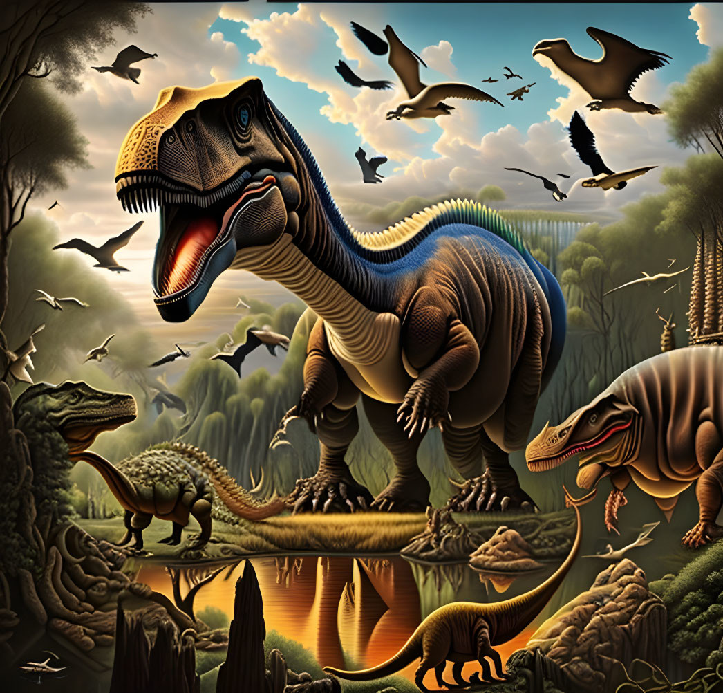 Prehistoric jungle with dinosaurs and erupting volcano