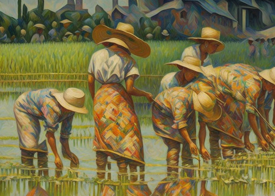 Artwork of five people in straw hats working in a green rice paddy