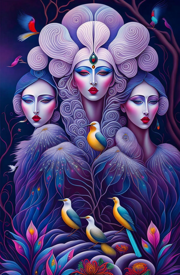 Colorful illustration of three women with gem-adorned hairstyles surrounded by birds and flowers on a dark