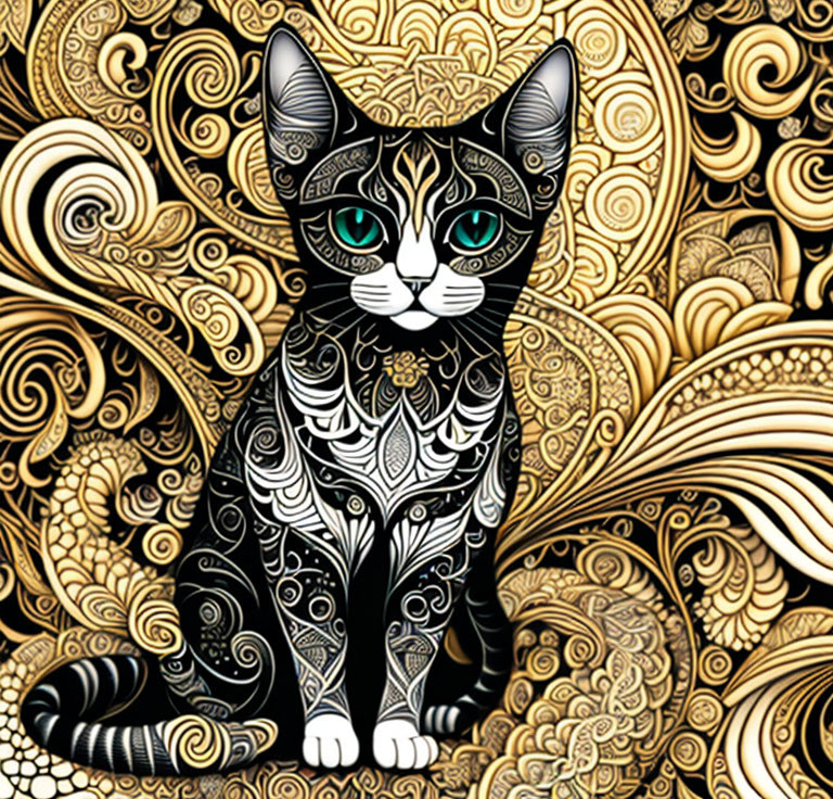 Stylized black and white cat with gold patterns on decorative background