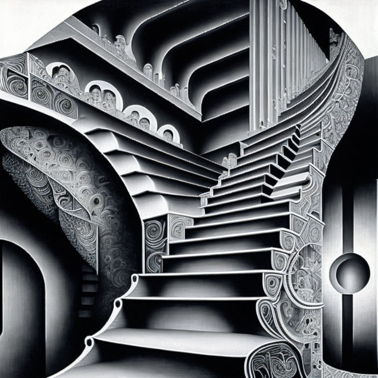 Detailed black and white surreal staircase illustration.