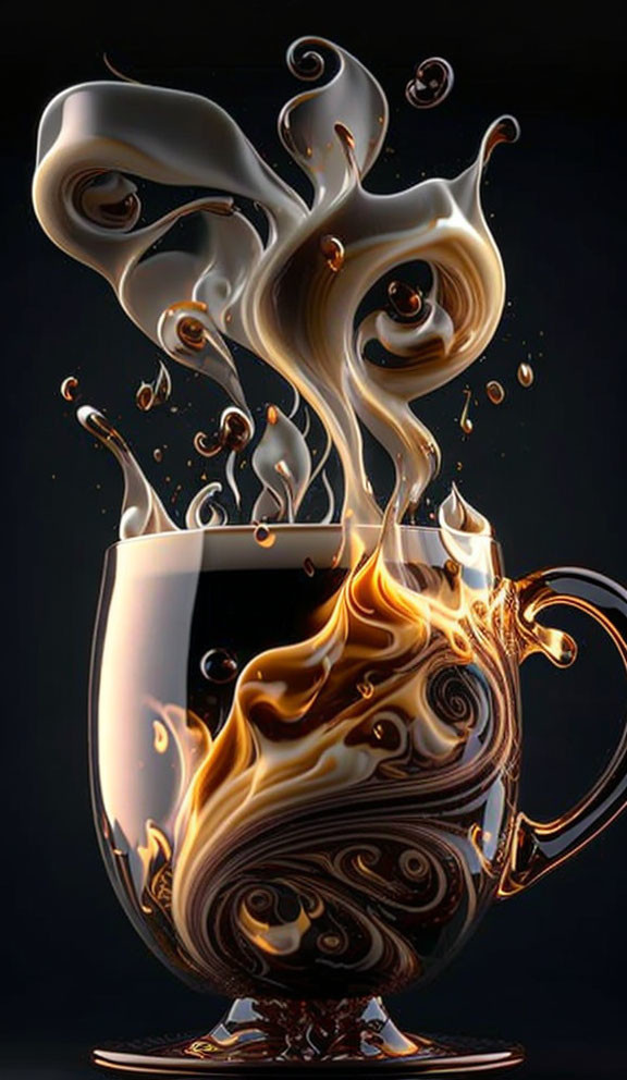 Abstract Digital Art: Transparent Cup with Swirling Coffee and Cream on Dark Background