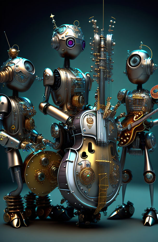 Whimsical robots made from musical instrument parts: cello, trumpet, guitar