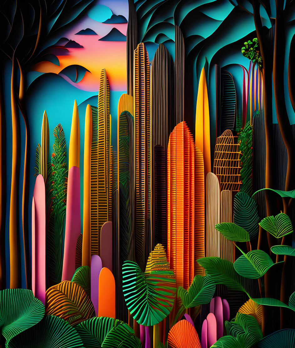 Colorful surreal landscape featuring stylized trees, plants, and skyscrapers at dusk