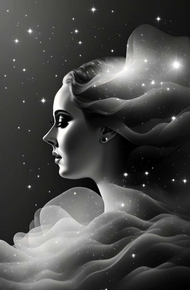 Monochrome woman's profile blending with starry night sky