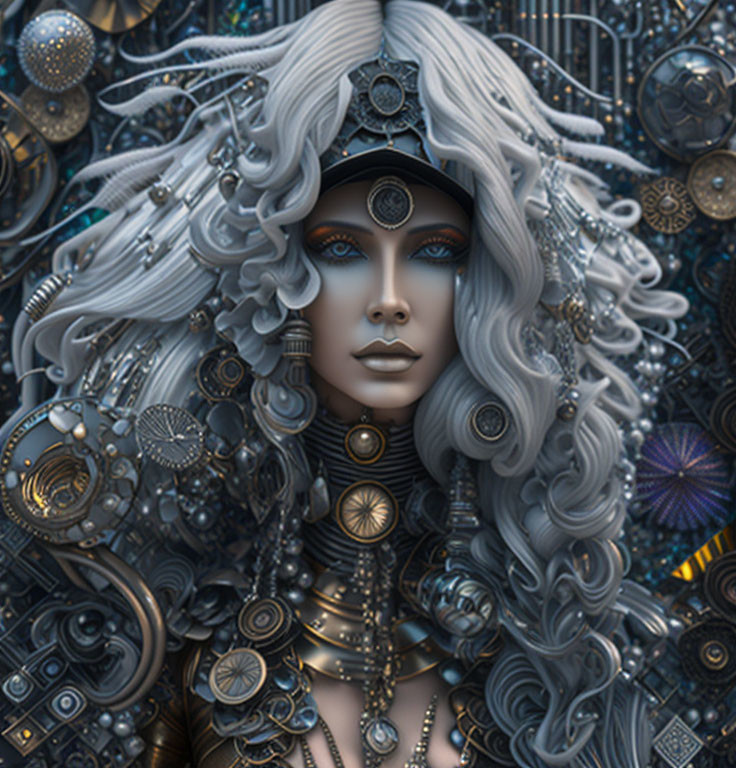 Detailed 3D illustration of female figure with steampunk-style mechanical adornments and blue hair accents