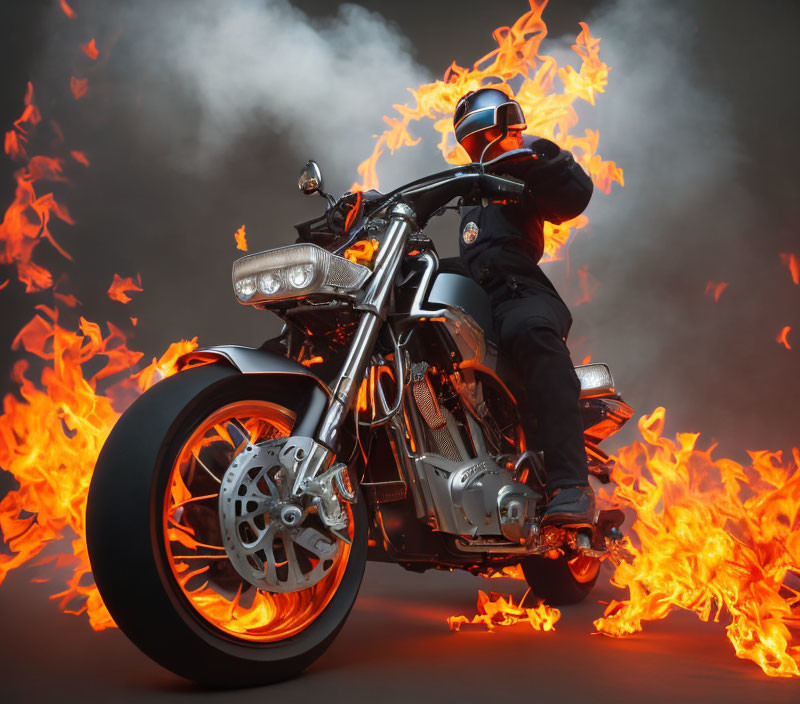 Motorcyclist in black attire on cruiser bike engulfed in orange flames