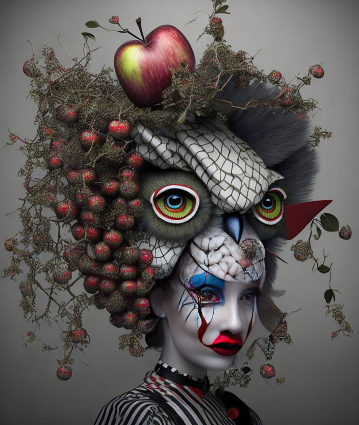 Surreal portrait of person with owl-like headdress and face paint