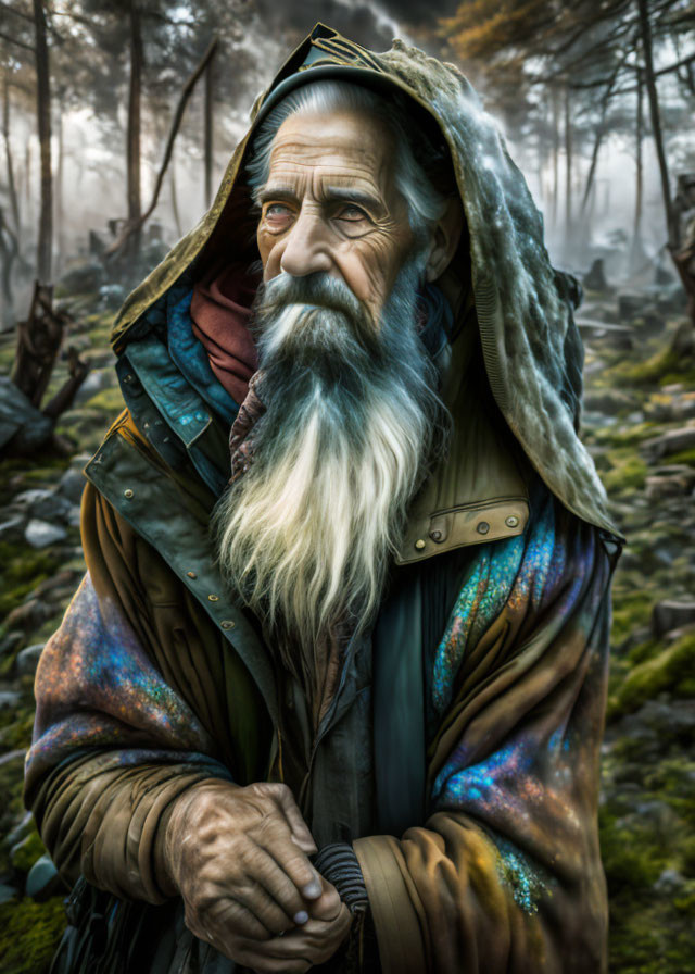 Elderly man in hooded cloak standing in misty woods