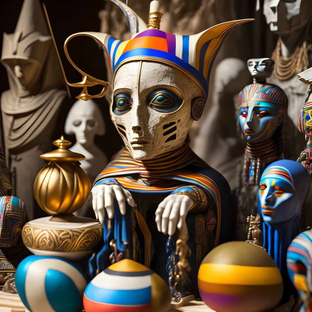 Vibrant ancient Egyptian-themed figurines and decor with pharaoh-inspired headpiece.