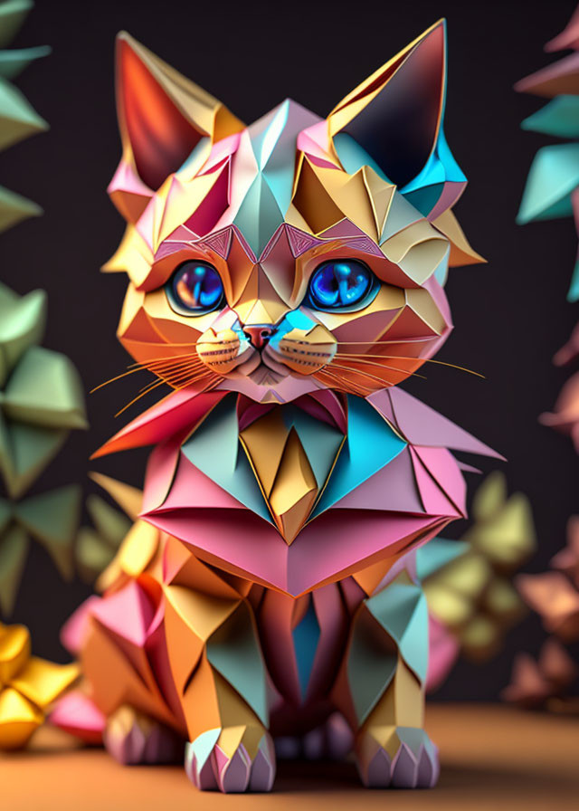 Colorful 3D geometric cat illustration with blue eyes on dark background