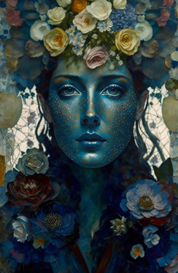 Blue-skinned woman with floral crown in surreal portrait.