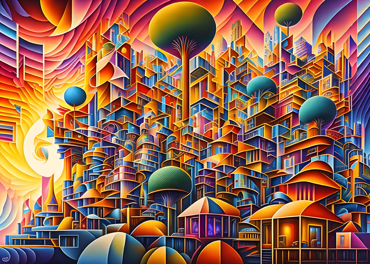 Colorful Abstract Cityscape with Geometric Shapes and Spiraling Patterns