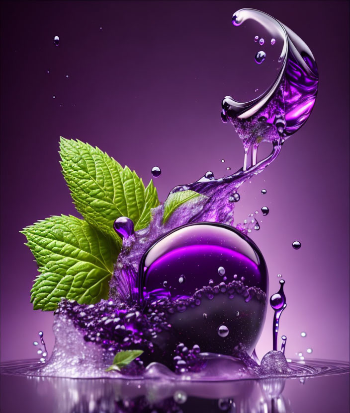 Purple Liquid Splashing Around Glossy Spherical Object with Mint Leaves on Purple Background