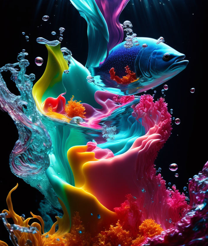 Colorful Digital Artwork: Fish Swimming in Vibrant Liquid Environment