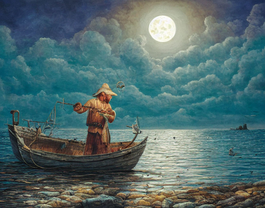 Traditional Attired Fisherman in Boat Under Full Moon