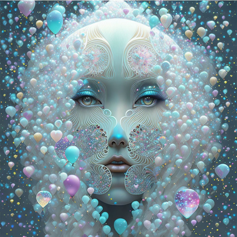 Surreal portrait of female figure with intricate patterns in dreamy underwater scene