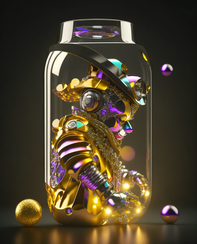 Golden robotic hand in jar with orbs and gems on dark backdrop