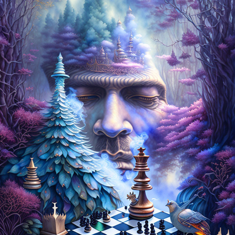 Surreal illustration of giant face in fantasy forest with chessboard and bird