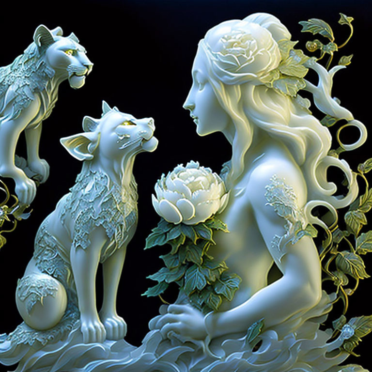 Detailed 3D Woman with Floral Hair and Wolf-like Creatures on Dark Background