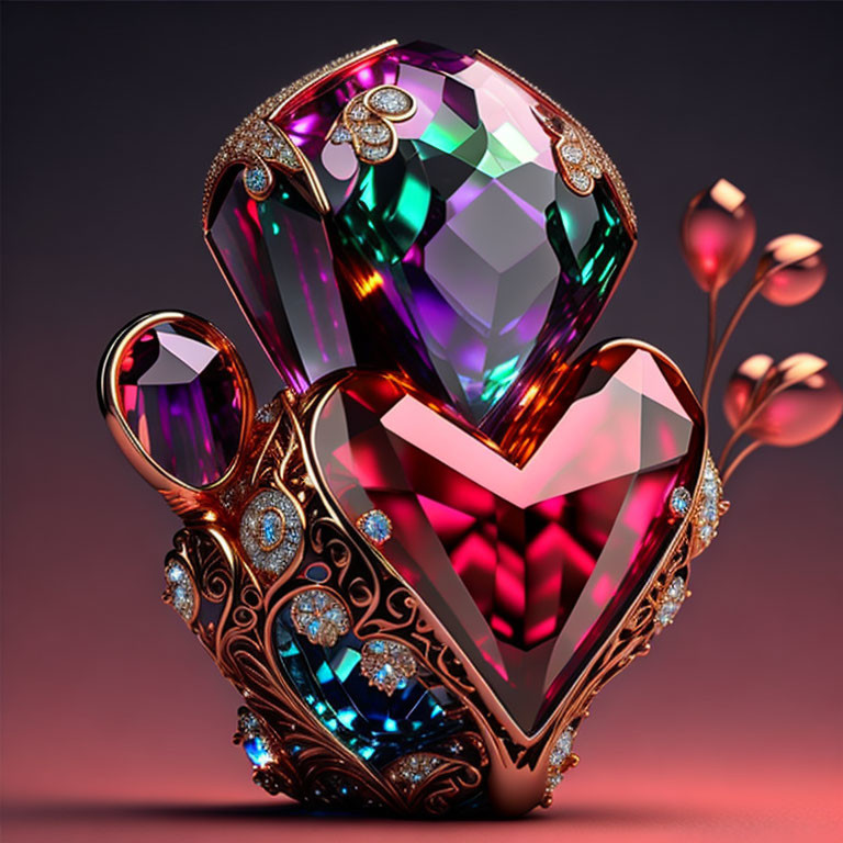 Heart-shaped gemstone with gold detailing and smaller gems on warm backdrop