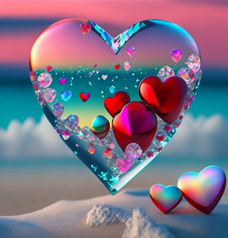 Colorful heart-shaped digital artwork with jewels and smaller hearts on soft-focus cloud background