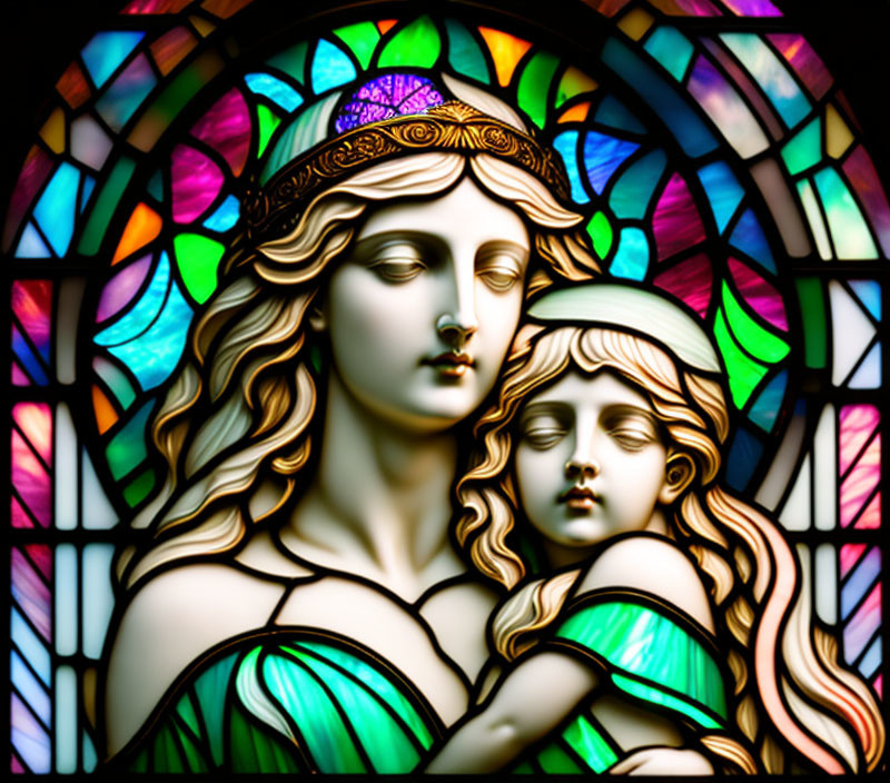 Stained Glass Artwork of Woman and Child Embracing against Colorful Mosaic