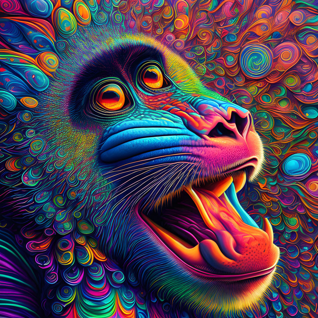 Colorful psychedelic mandrill illustration with swirling background