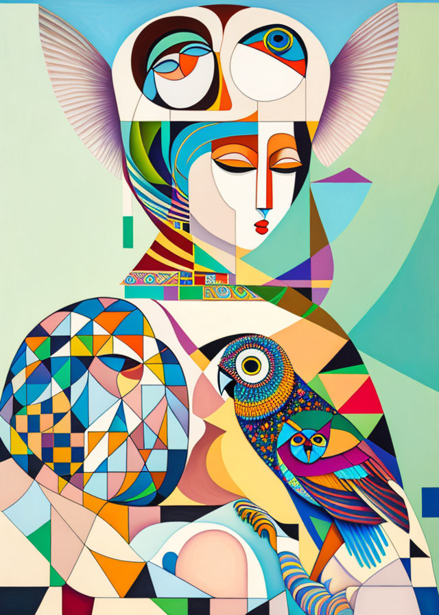 Vibrant Cubist Painting with Abstract Human and Owl Figures