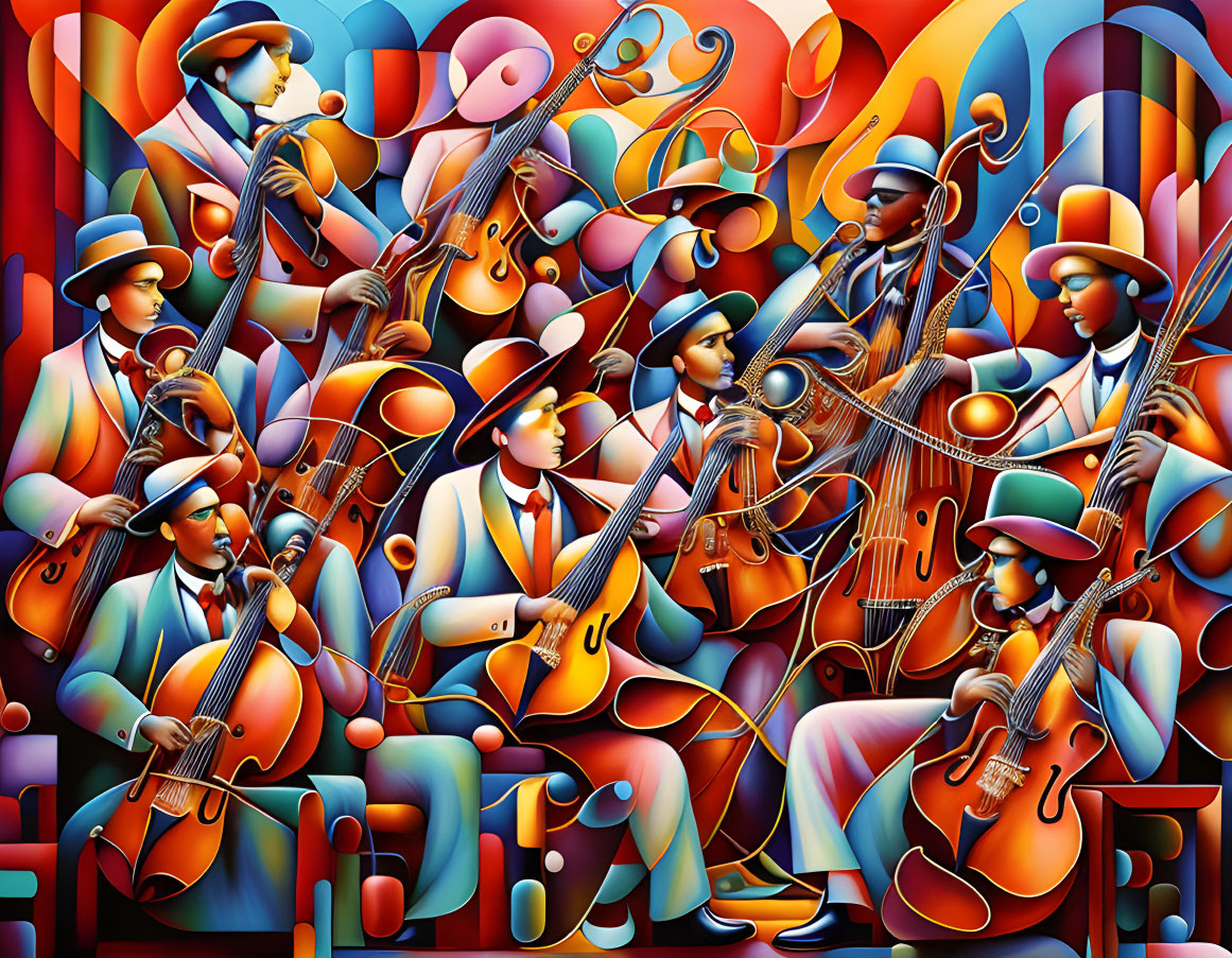 Vibrant jazz band painting with saxophones, double basses, and guitar