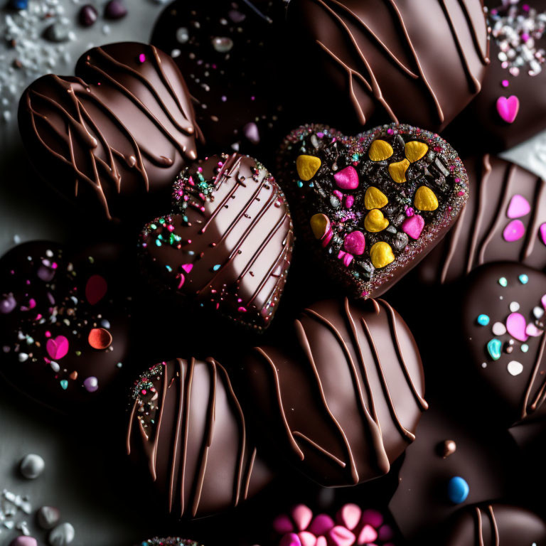 Heart-shaped chocolates with decorative icing and sprinkles