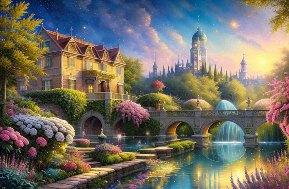 Fantasy landscape with manor house, river, bridges, gardens, and castle under twilight sky