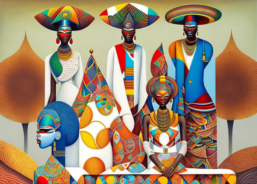 Colorful African Figures in Traditional Garments on Warm Background