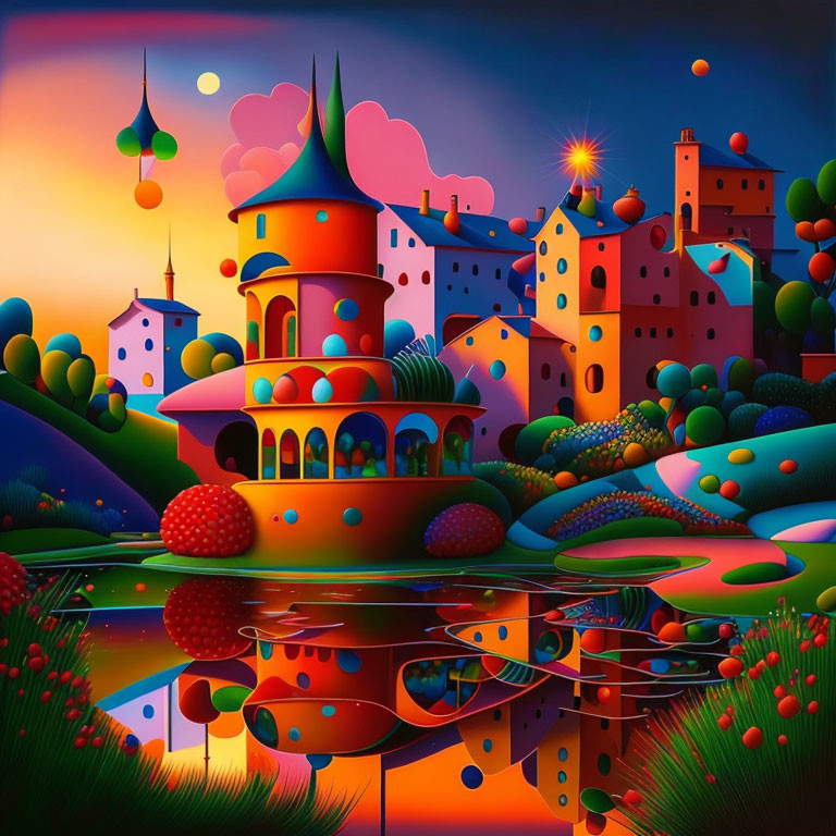 Surreal landscape with colorful buildings, hills, and reflecting lake under twilight sky