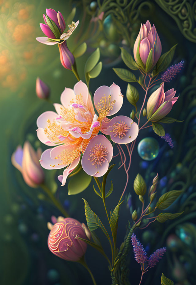 Colorful digital flower illustration on dark bokeh background