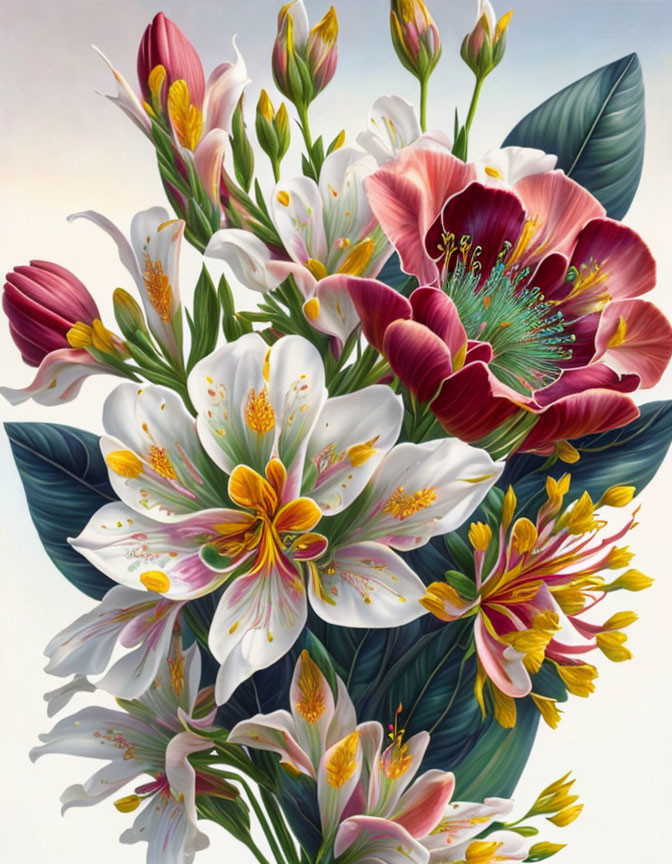 Colorful illustrated flowers: large pink blooms, delicate white lilies with yellow stamens, on