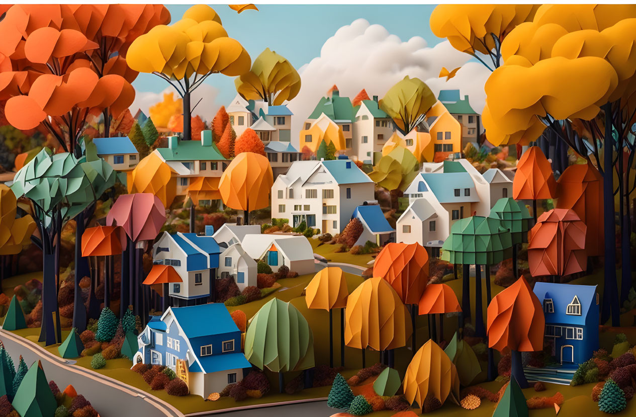 Vibrant fall town illustration with colorful trees and quaint houses