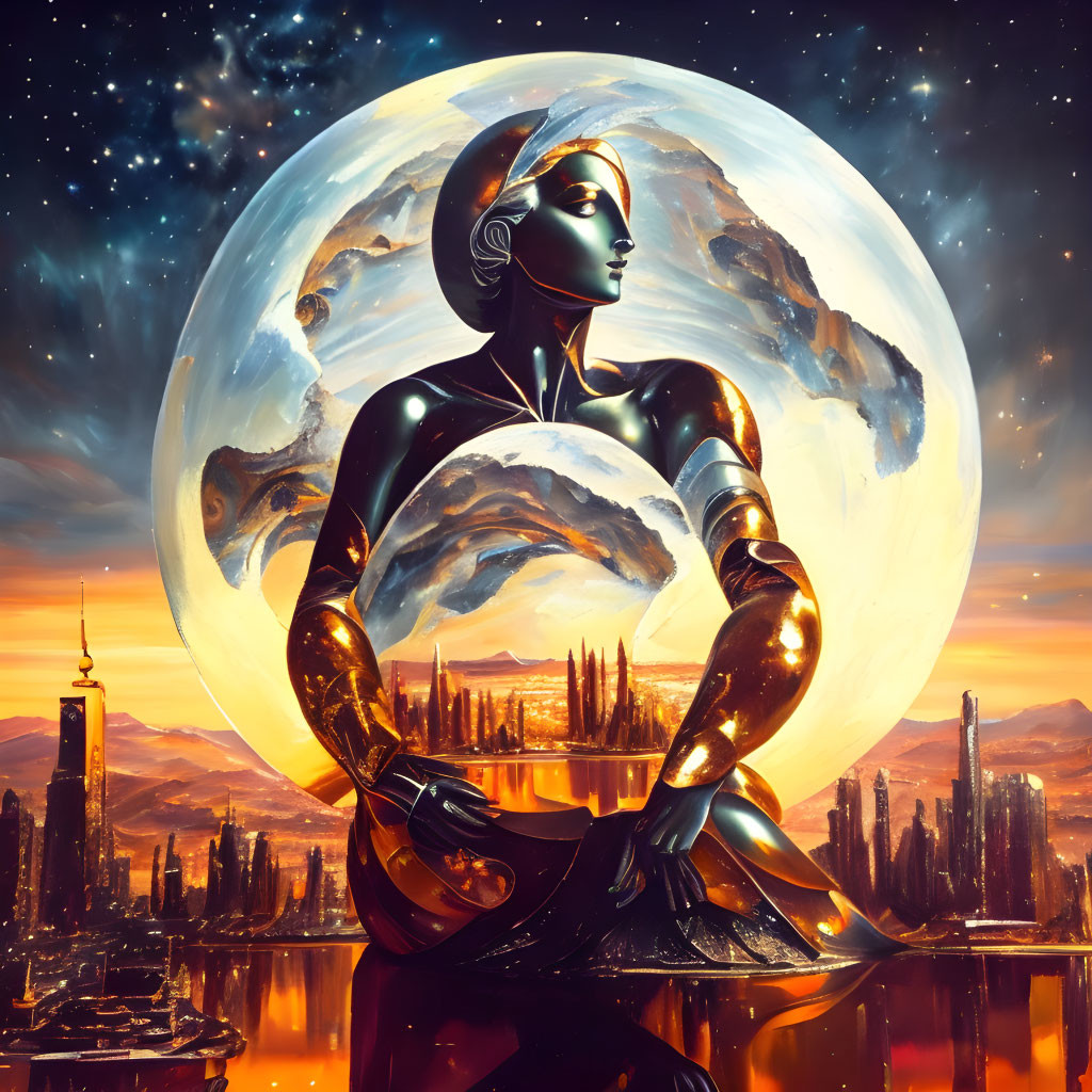 Futuristic robotic figure in cityscape with moon and stars