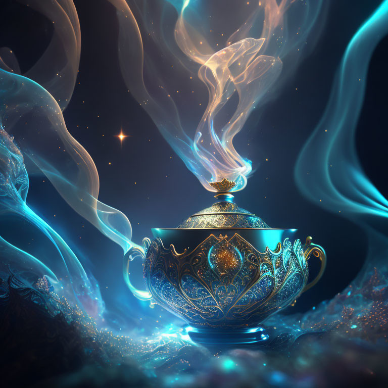 Mystical teacup with swirling light and smoke on dark blue backdrop