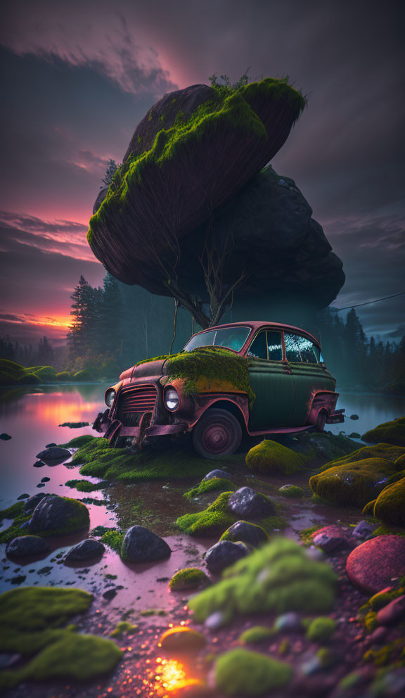 Vintage Car Submerged in Mossy Pond with Tree-Topped Rock at Sunset