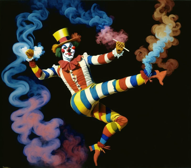 Colorful Clown Juggling Smoke in Striped Costume