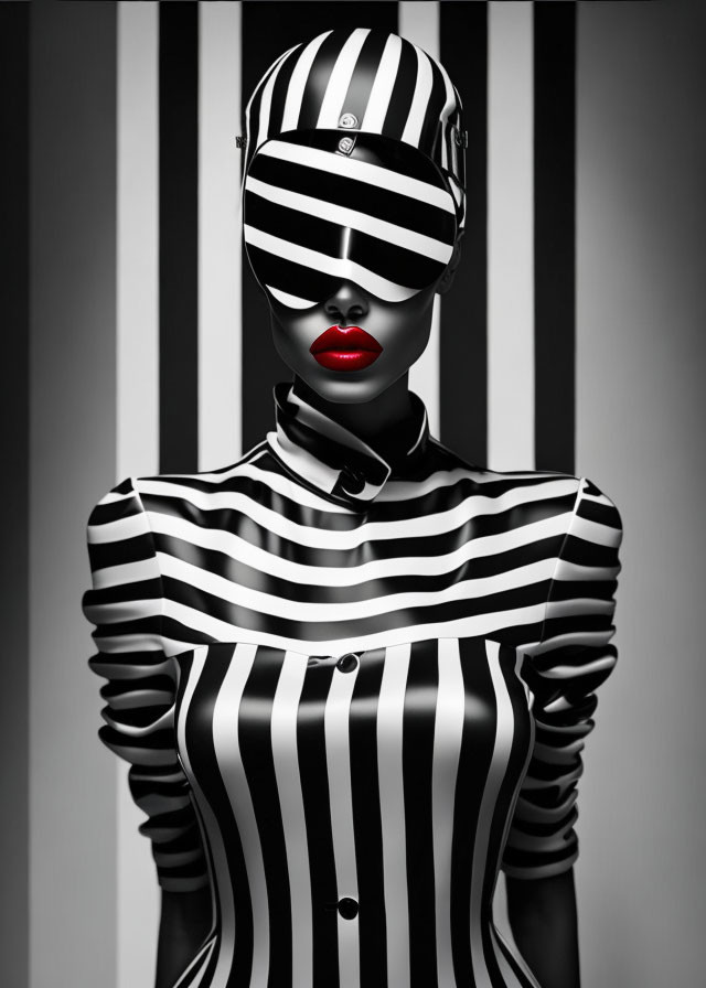 Monochrome image of person in striped outfit with red lips