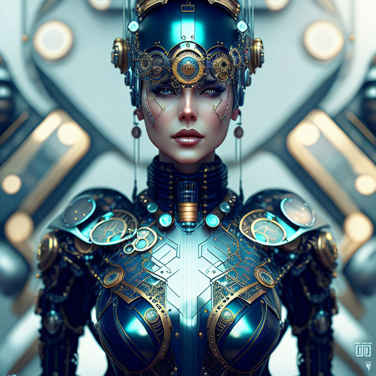 Female Android Digital Artwork with Blue and Gold Intricate Headgear