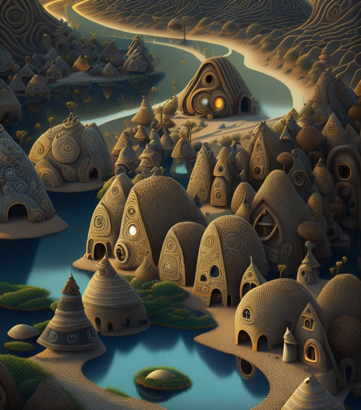 Whimsical Dome-Shaped Houses by Winding River at Twilight