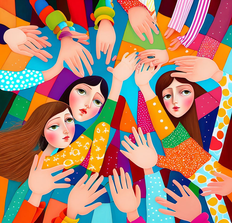 Vibrant illustration of hands reaching towards central figures in colorful attire