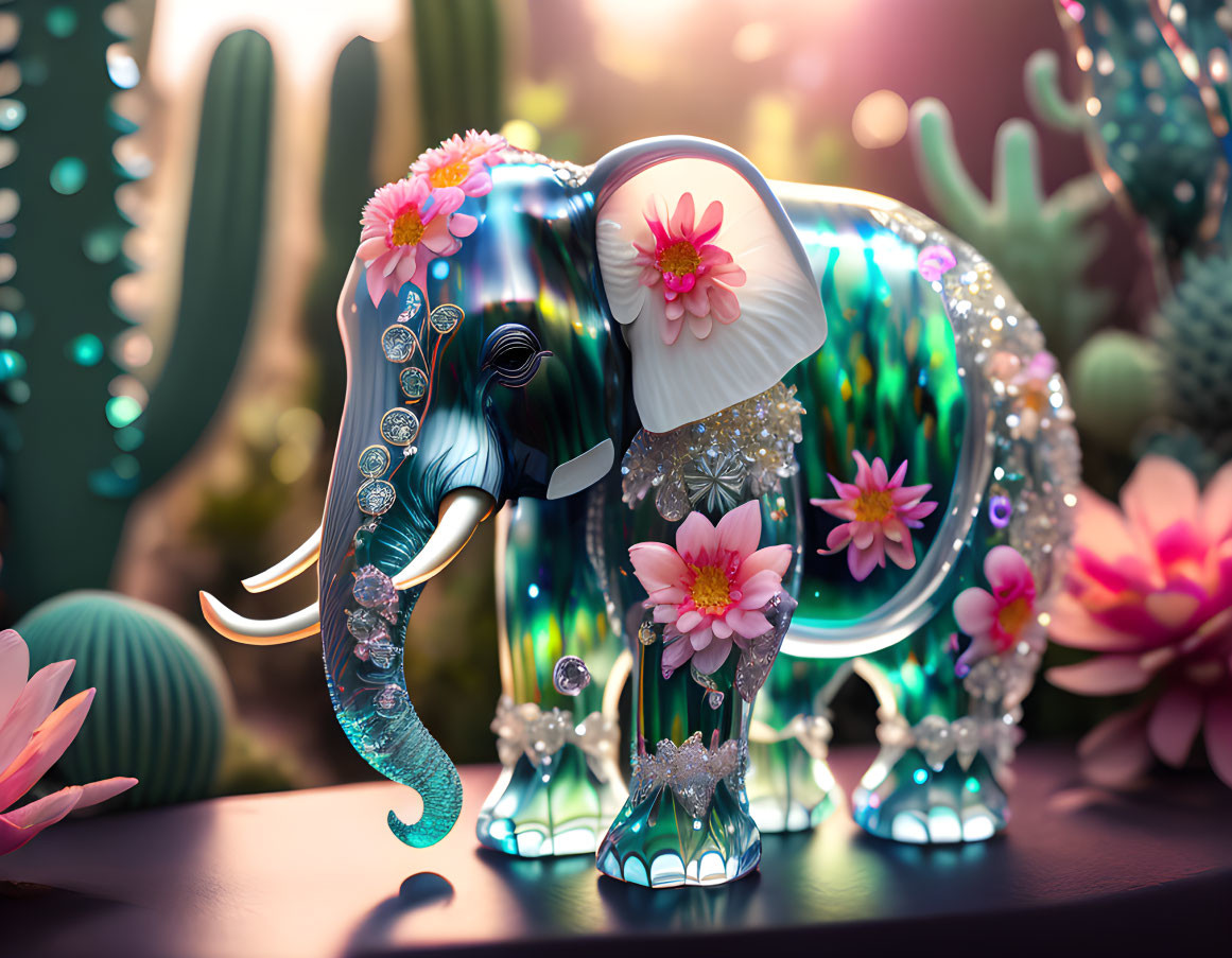 Iridescent elephant with flowers and jewels in enchanting garden