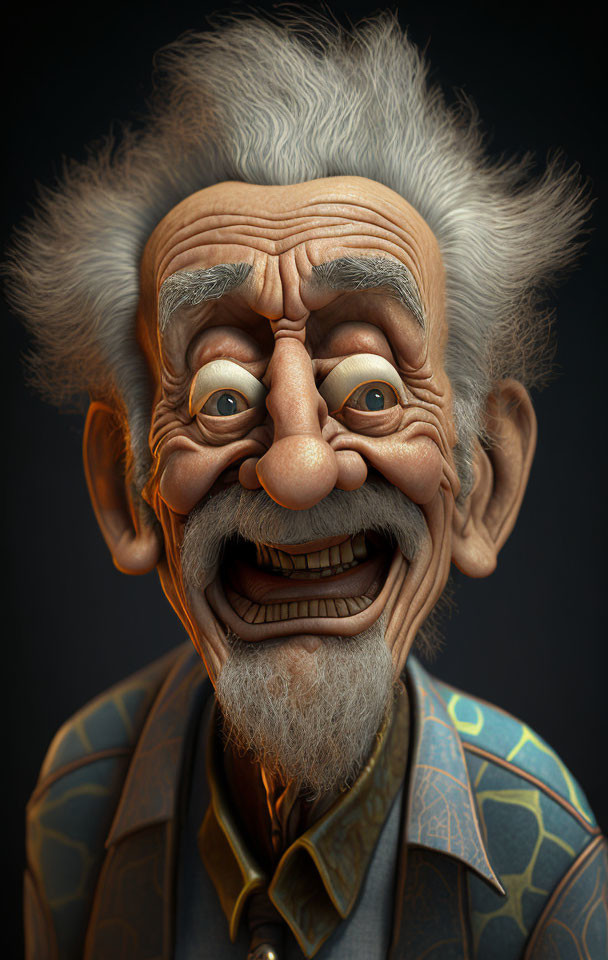 Elderly man with wide grin, bushy eyebrows, and messy white hair in digital art.