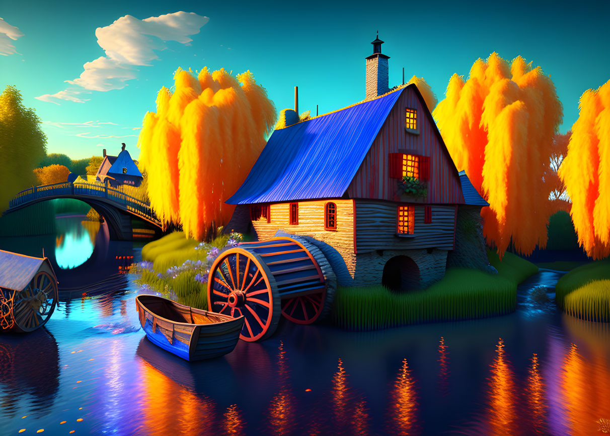 Whimsical countryside scene with blue-roofed cottage, autumn trees, cart, bridge, and